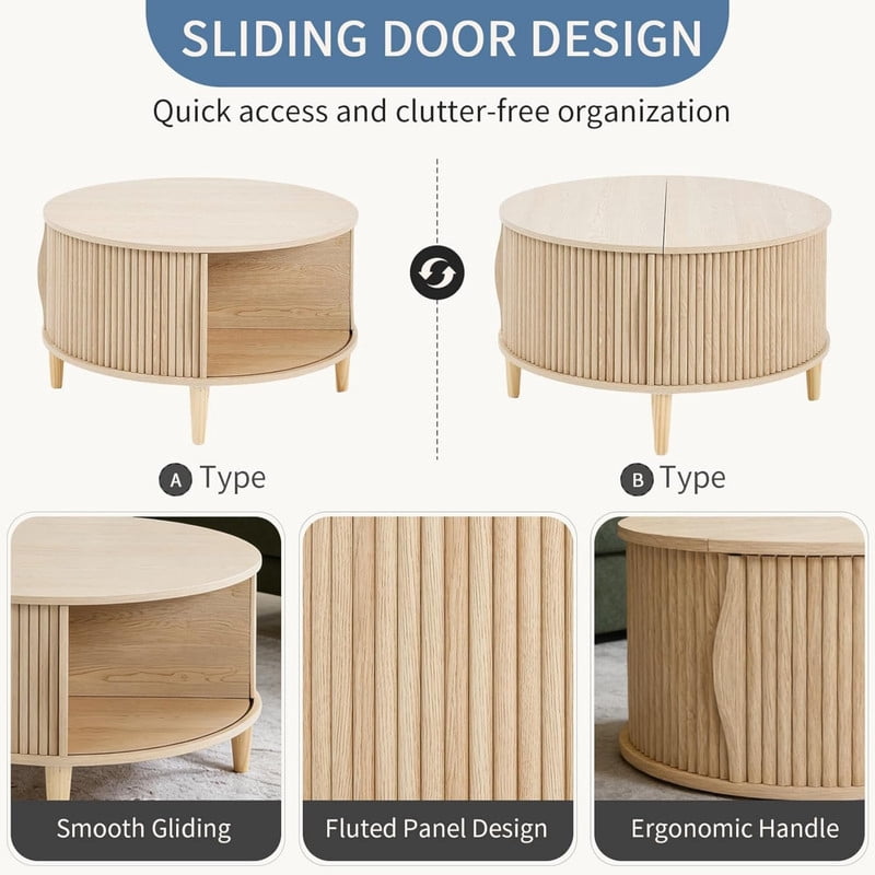 Kelno 31" Coffee Table Round Coffee Tables with Storage Mid Century Rustic Wood Desktop with Hidden Compartment Sliding Cabinet Door, Natural Wood