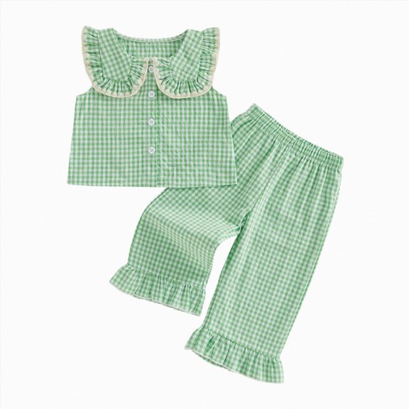 newwalpole Toddler Kids Girls Summer Outfits Plaid Clothes Set 12 18 24 Months 2T 3T 4T 5T Sleeveless Doll Collar Vest Tops and Elastic Waist Pants Green for Size 18-24 Months
