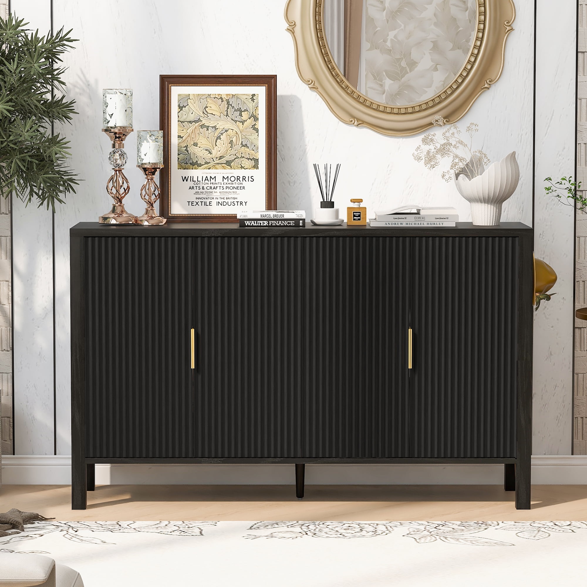 Storage Cabinet with 4 Doors, Modern Sideboard with Back-of-Door Racks & Side Hooks, Adjustable Shelves, 57.5" x 15.7" x 35.2", Black