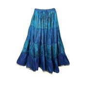 Mogul Womens Blue Tiered Maxi Skirt Printed Silk Sari Full Flare Peasant Skirts