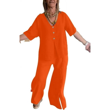 Women 2 Piece Linen Set Summer Casual Outfit Women Linen Long Sleeve Button Down Shirt and Wide Leg Pants Sets