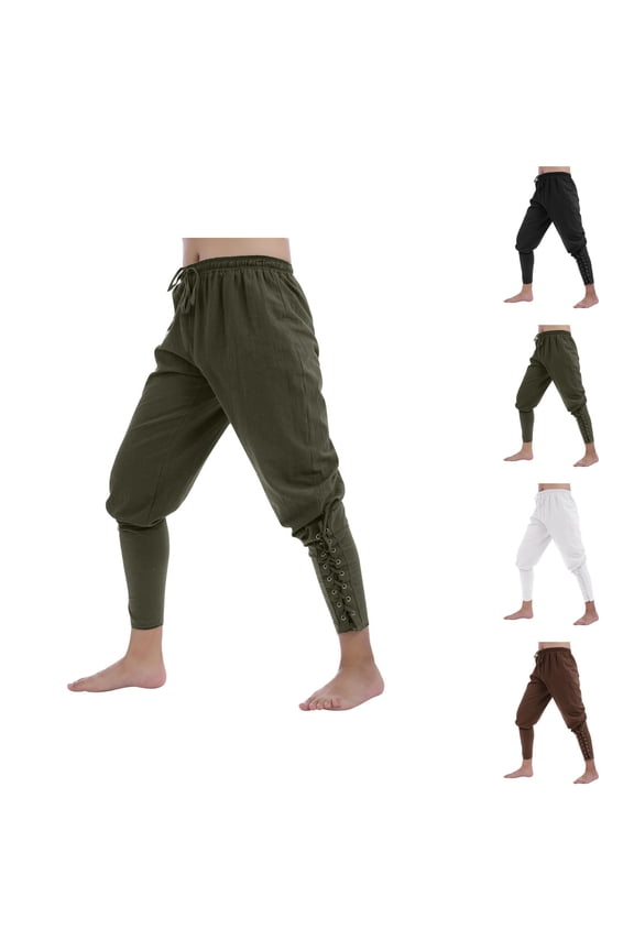 Vintage Ankle Banded Pants for Men Elastic Waist Drawstring Renaissance Pirate Viking Medieval Costume