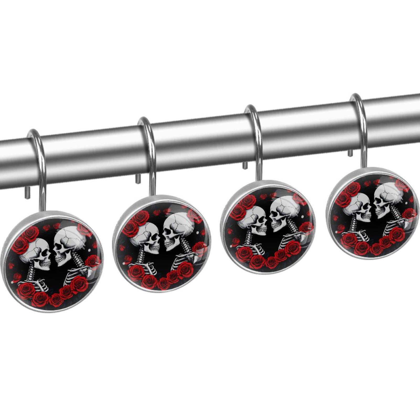 Red Roses Love Heart Skeleton Couple Shower Curtain Hooks Round Crystal Glass, Set of 12 Shower Curtain Rings - Shower Hooks for Curtain Shower Rings