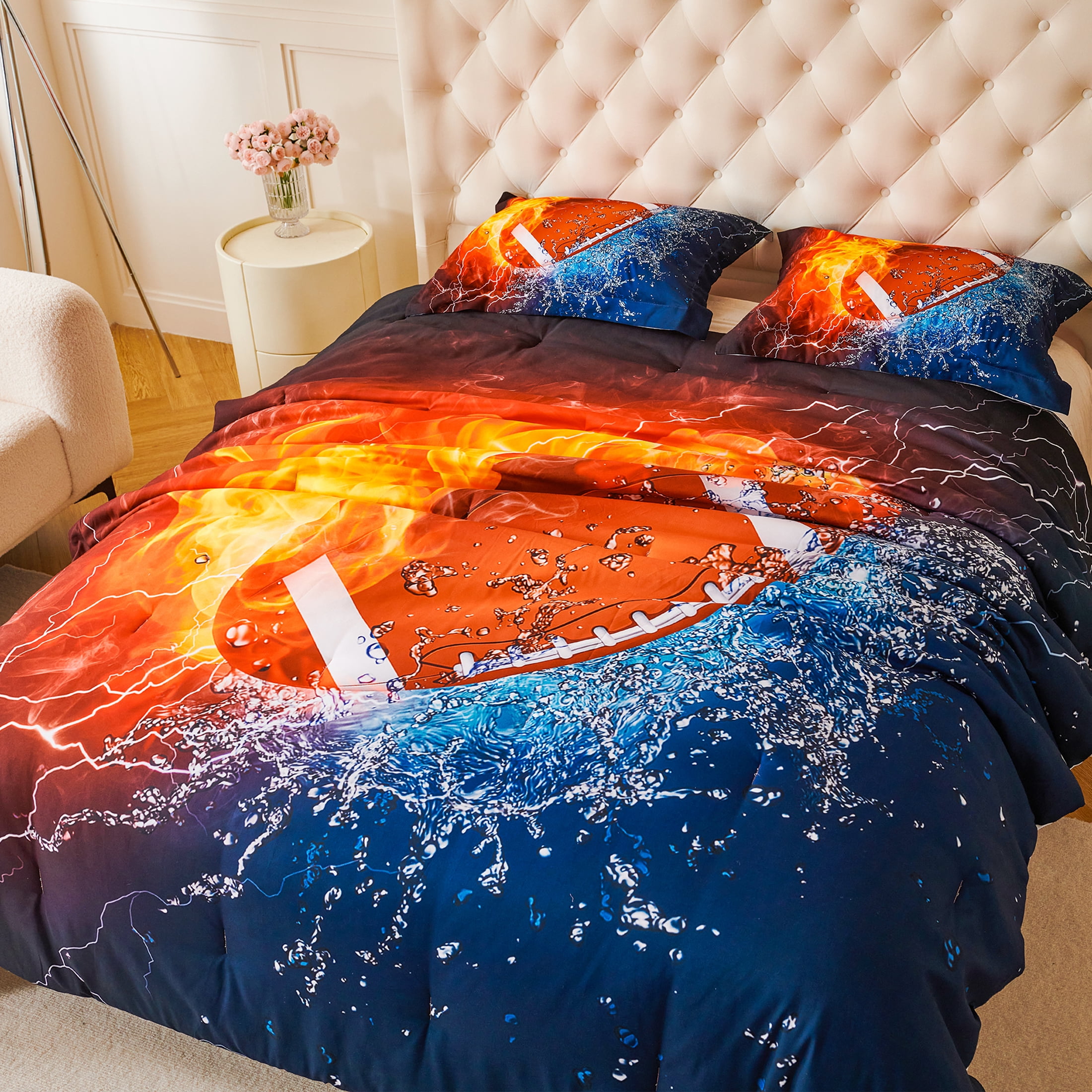 Koniroom 3-Piece Fire and Water Football Comforter Set Full Size for Boys - Bold Sports Bedroom Decor - Themed Bedding Gift Idea