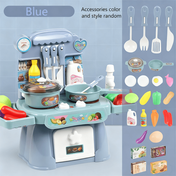 Mini Pretend Play Kitchen Set with Lights & Sounds, Stove Sink Play Food & Accessories for Kids ( Blue )