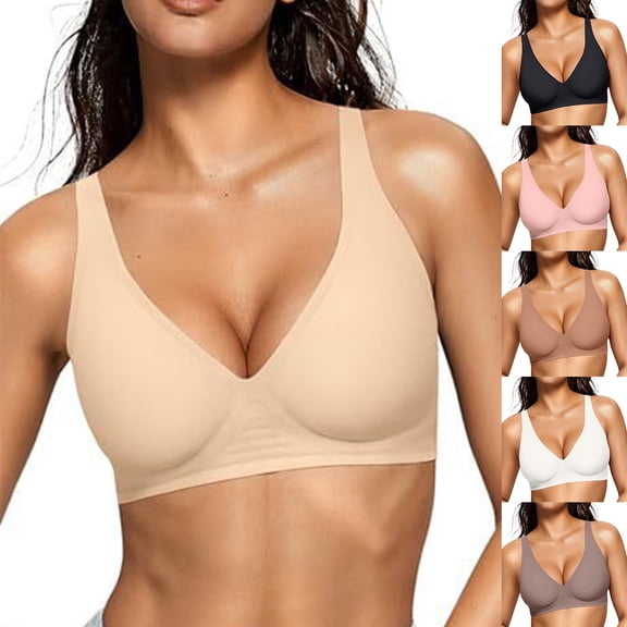 Qwertyu Jelly Bras Women Seamless No Underwire Push Up Bra Supportive Deep V Bralette Everyday Comfortable T-Shirt Bra White 32
