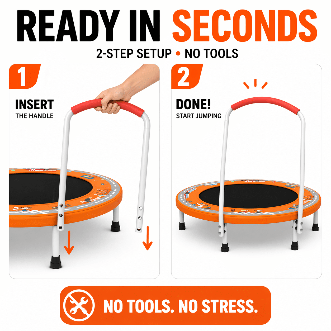 Witaxima 36" Mini Trampoline with Handle for Kids Ages 1-6, 150 lbs Max Capacity, No-Gap Safety Design with Upgraded Anti-Rollover Handle, Indoor Outdoor Bungee Toddler Trampoline, Fun Print, Orange