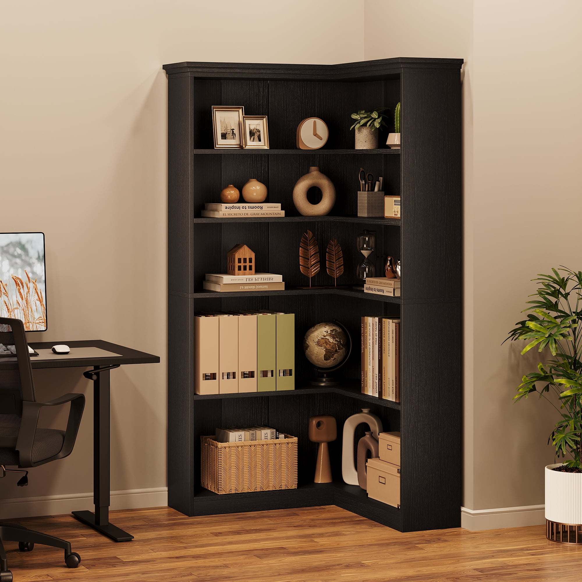 AOILE 72.8" Farmhouse Corner Bookshelf, 5-Tier L-Shaped Bookcase with Storage - Tall Display Shelf for Living Room, Office, Bedroom