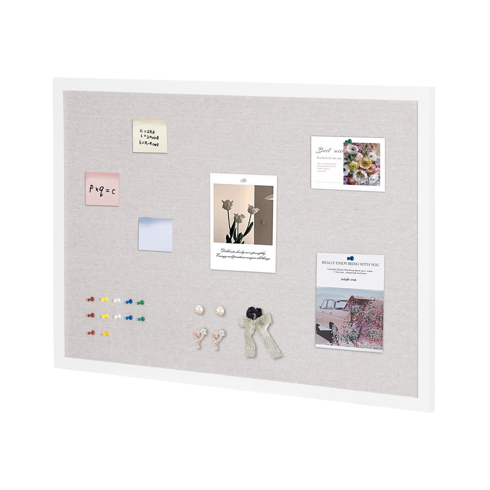 36" x 24" Bulletin Board with Linen Surface, Cork Board, White MDF Frame, 15 Push Pins, for Office Home Classroom Organization