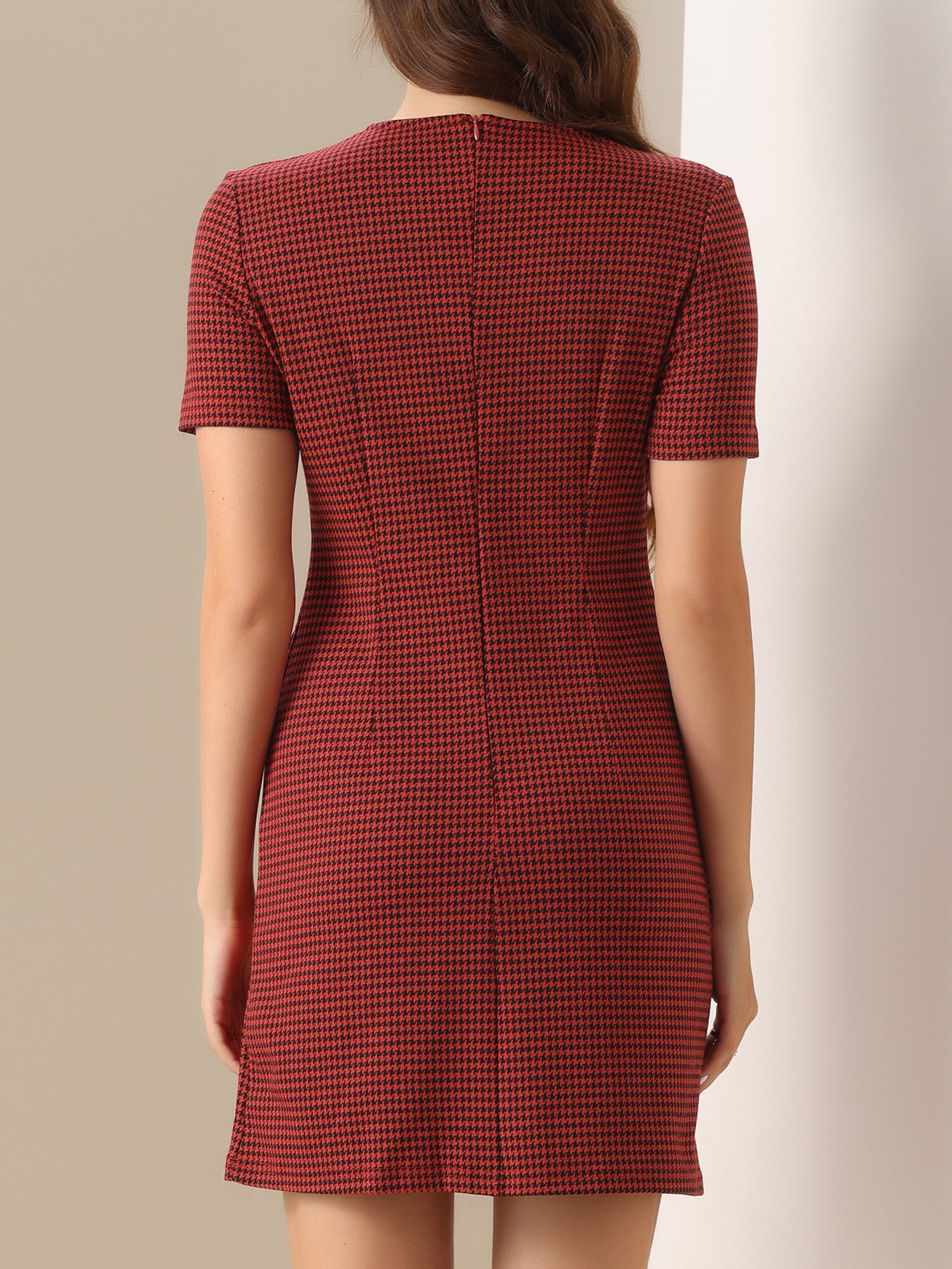 DARING DIVA Women's Dress Short Sleeve Vintage Houndstooth Dresses M Red Houndstooth