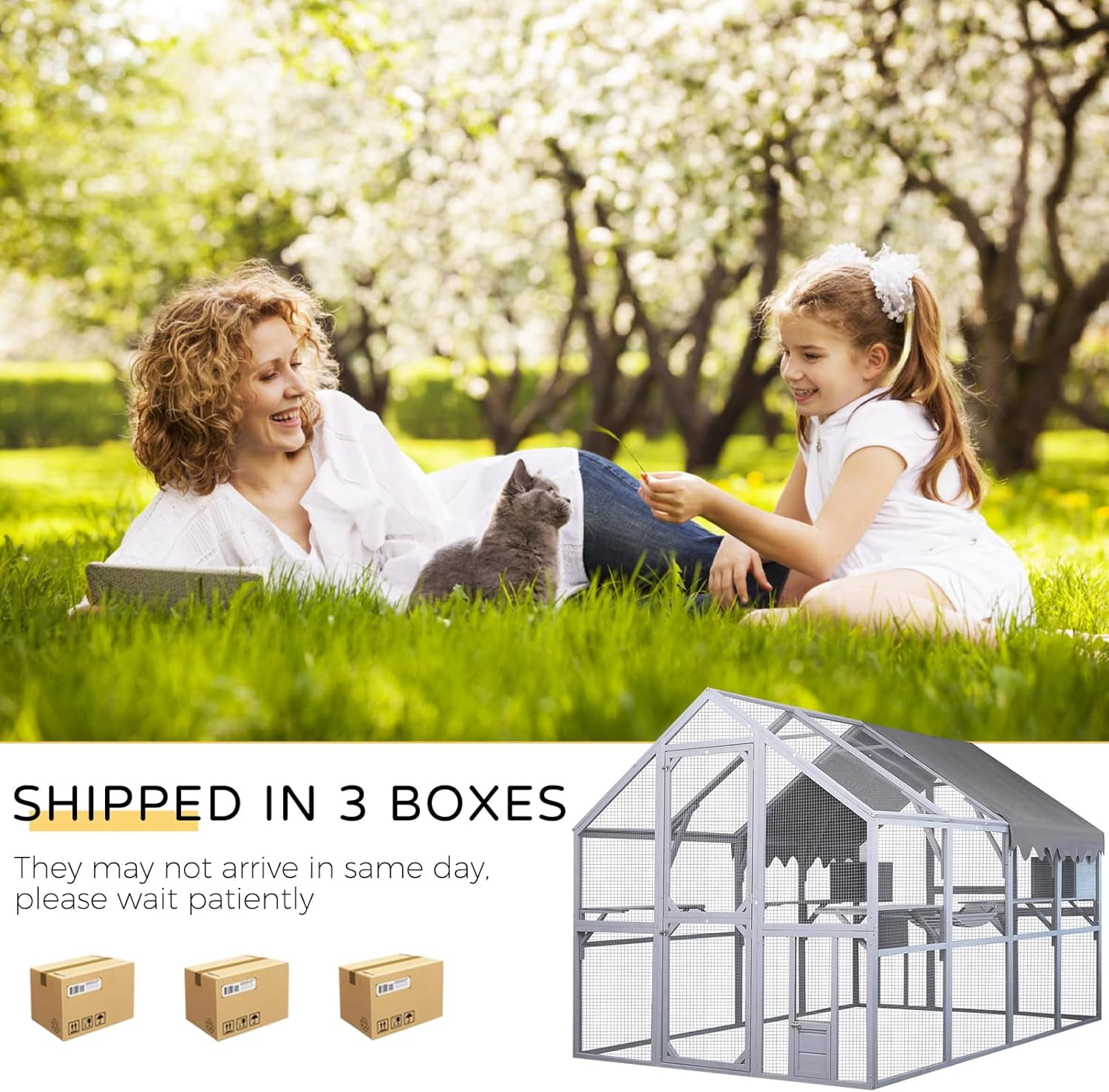 Large Catio Outdoor Cat House Enclosure Wooden Cat Cage Kitten Condo for Multiple Pets Walk in, with Bouncy Bridge, Platforms, Small Houses and Weatherproof Roof - 111”x74”x74”