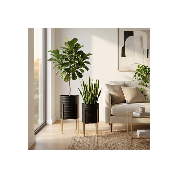 Decorative Flower Pots with Metal Stand for Home Decor - Modern Planters for Hallway, Entryway, and Living Room Decor - Indoor and Outdoor Pots for Plants Styling - Set of 2, 23", 19", Black & Gold