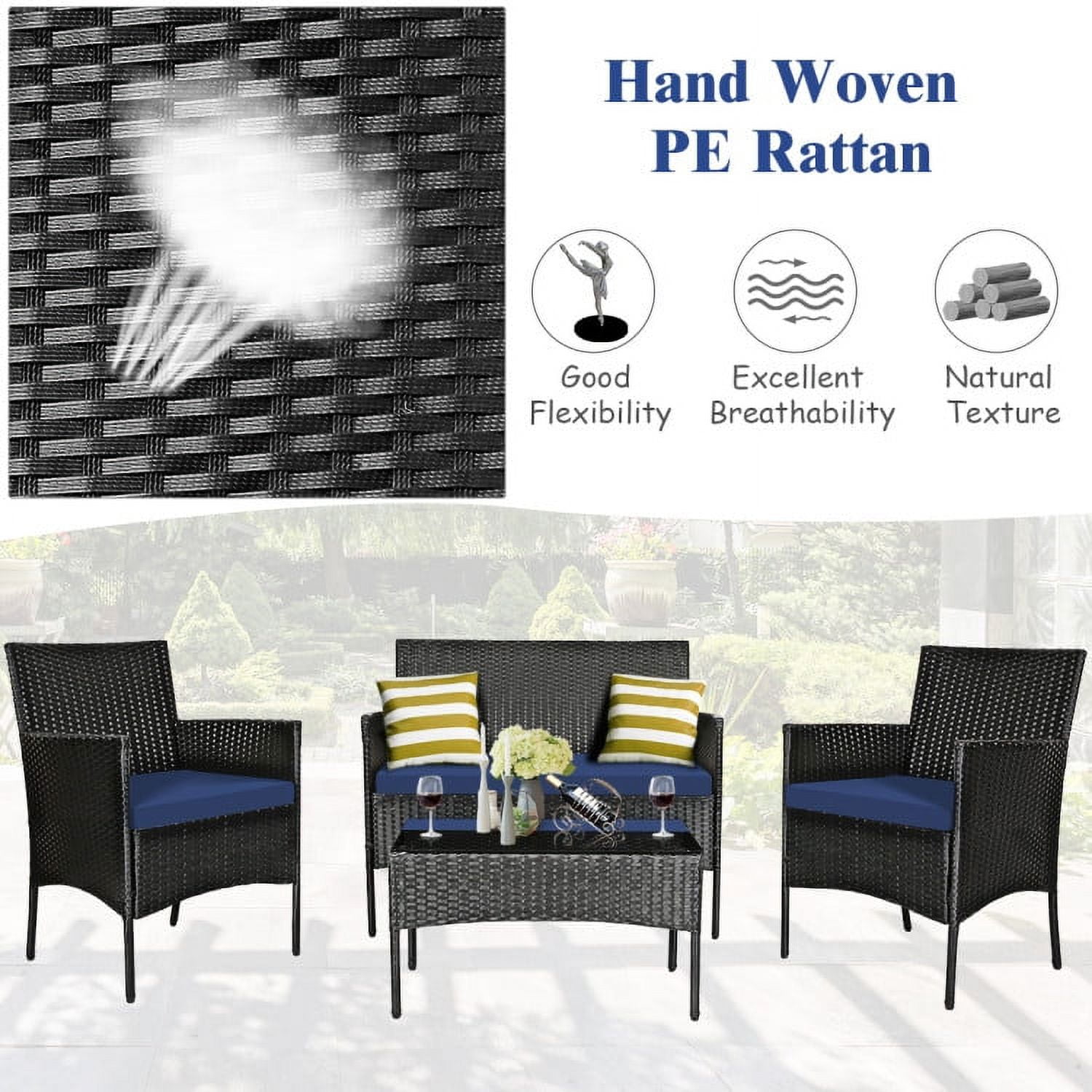 Aimee Lii 4 Pcs Patio Wicker Furniture Set, Cushioned Sofa Furniture with Tempered Glass Coffee Table, Small Patio Set, Navy Aimee Lii 4 Pcs Patio Wicker Furniture Set, Cushioned Sofa Furniture with Tempered Glass Coffee Table, Small Patio Set, Navy