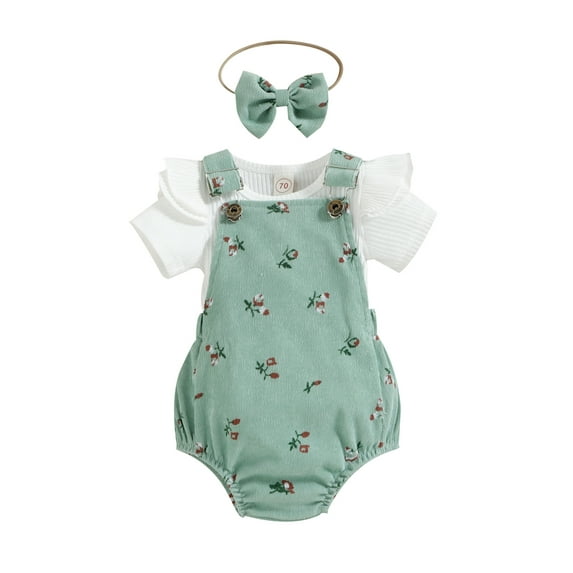 Gureui Toddler Infant Baby Girls Summer Clothes, Solid Color Fly Sleeve Round Neck Tops + Flower Pattern Suspender Jumpsuit + Bow Headband