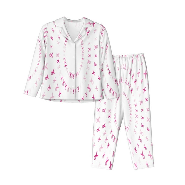 Balery Breast Cancer Awareness (4) Conjunto de Pijama con Estampado para Mujer, Conjunto de Dos Piezas con Manga Larga, Ropa de Dormir Suave con Bolsillos, Pijamas Cómodos-Medium