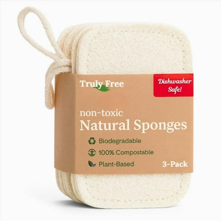 Truly Free Natural Cleaning Sponges | 100% Organic Luffa Dish Scrubber | Plant-Based, Compostable, Cruelty Free, Kitchen Dishwasher Sponge | Non Scratch Scouring Pad, 4.4 x 2.8, Pack of 3 Cleaner