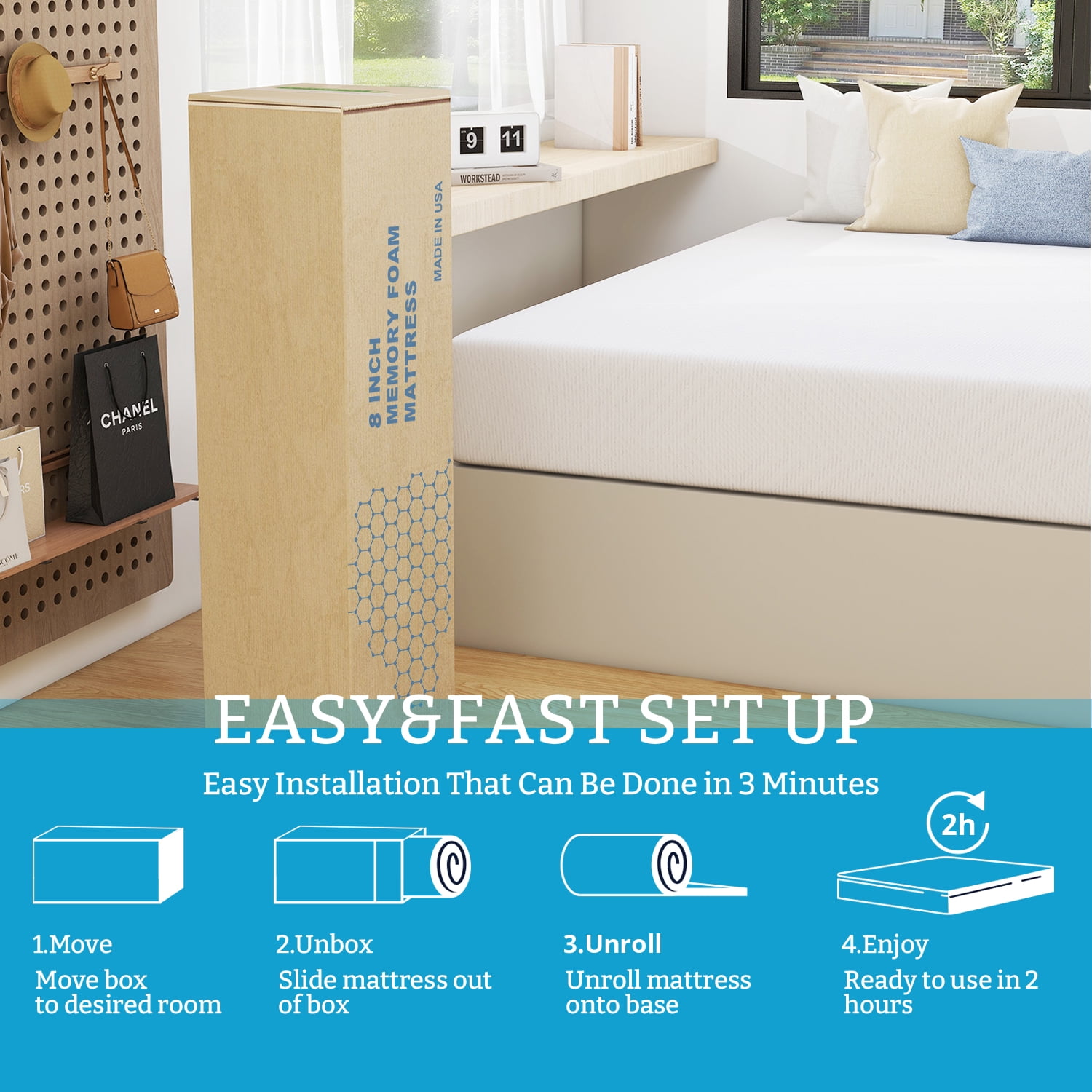 Twin Mattress, 10 inch Gel Memory Foam Mattress, Medium Firmness, White Gel Infused Mattress in a box, Made in USA