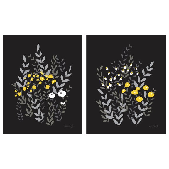 Modern Black Gray and Yellow Flower Adult/Teen Decor; 2 - 11" x 14" Unframed Posters