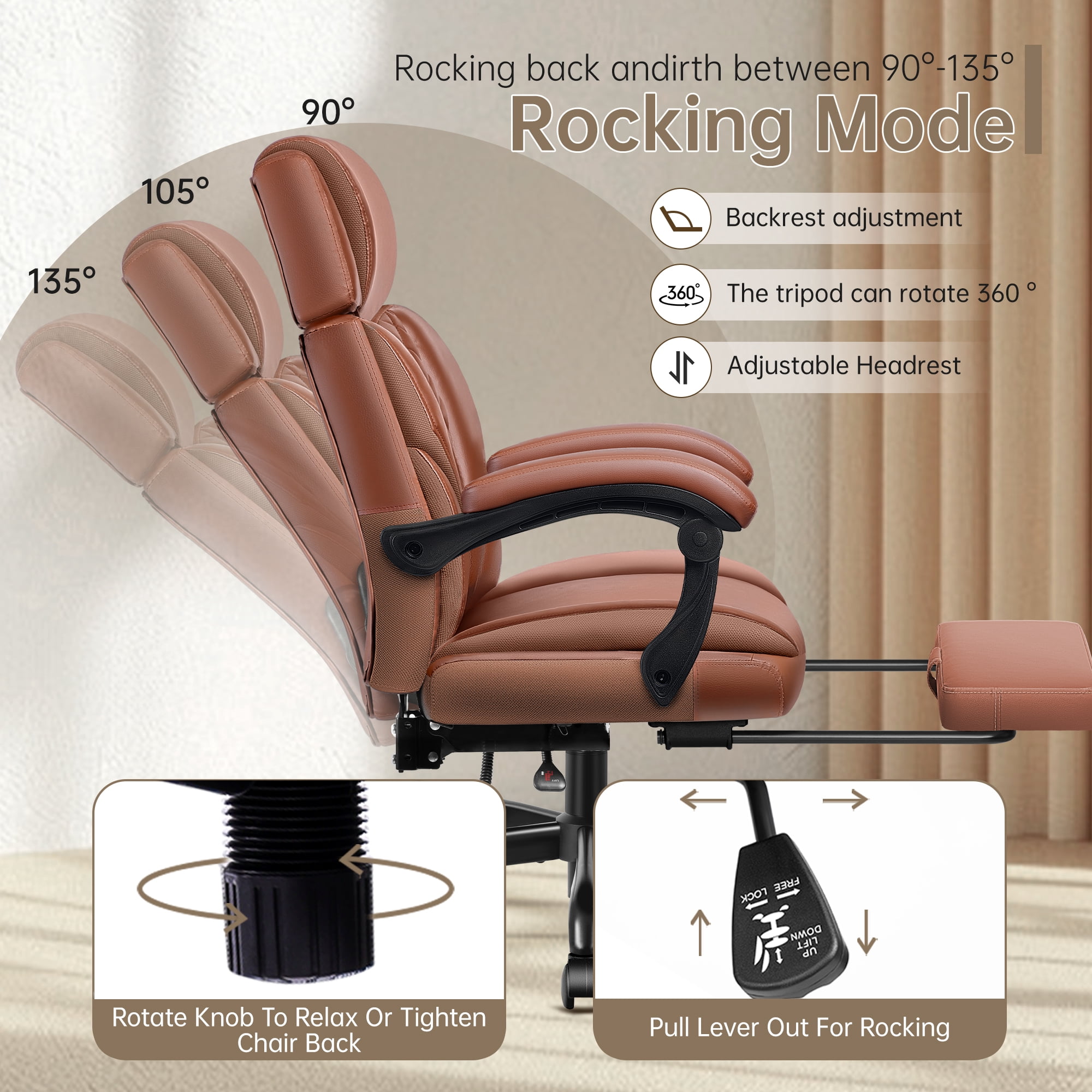 FASTES Big and Tall Ergonomic Office Chair with Footrest - Leather Computer Desk Chair, Reclining High Back Ergonomic Chair with Adjustable Headrest & Lumbar Support, Brown