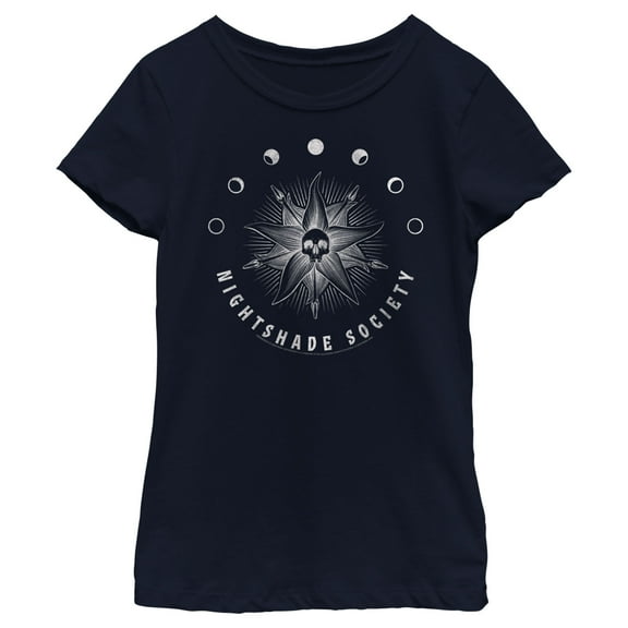 Girl's Wednesday Nightshade Society Distressed Logo  Graphic Tee Navy Blue Small