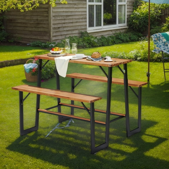 Yardi Yarda Patio Picnic Table Bench Set, Patio Dining Set with Acacia Wood Tabletop and Benchtop for Outdoor as Yard, Natural