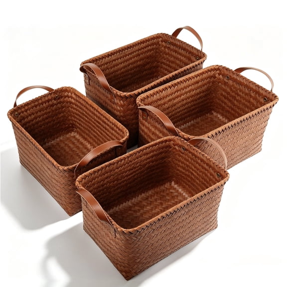 4PCS Handwoven Wicker Laundry Basket, Large Laundry Basket with Vegan Leather Handles, Wicker Storage Baskets for Blankets, Clothes, Bathroom, Brown