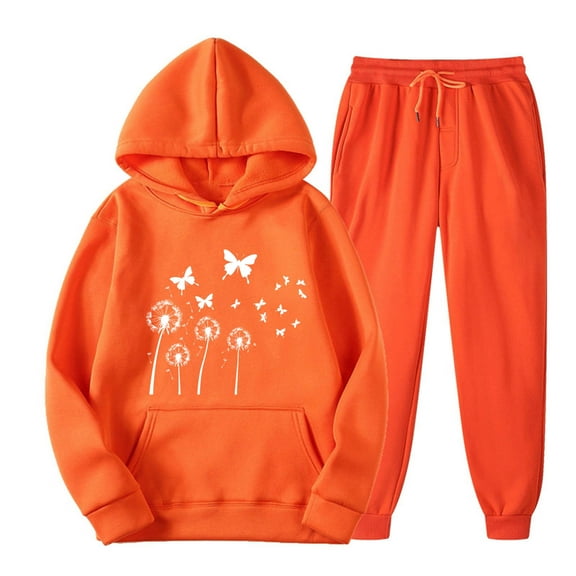 JURANMO Fashion 2 Piece Sets for Women Casual Lightweight Hoodie Sweatsuit Dandelion Print Hooded Pullover Tops with Kangaroo Pocket Sweatpant Two Piece Matching Outfits Orange L