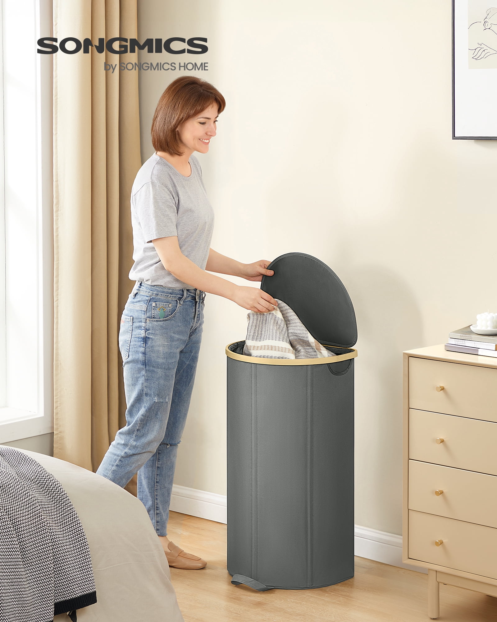 SONGMICS Laundry Hamper, Laundry Basket with Lid, 23.8 Gal. (90 L), with Removable Liner Bag, for Laundry Room, Bedroom, Living Room, Slate Gray
