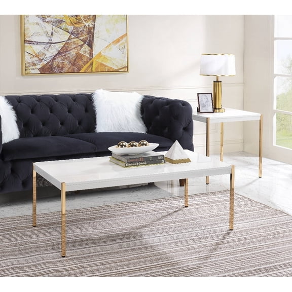 Otrac Coffee Table with White & Gold Finish, Metal Tube Legs and Wooden Top