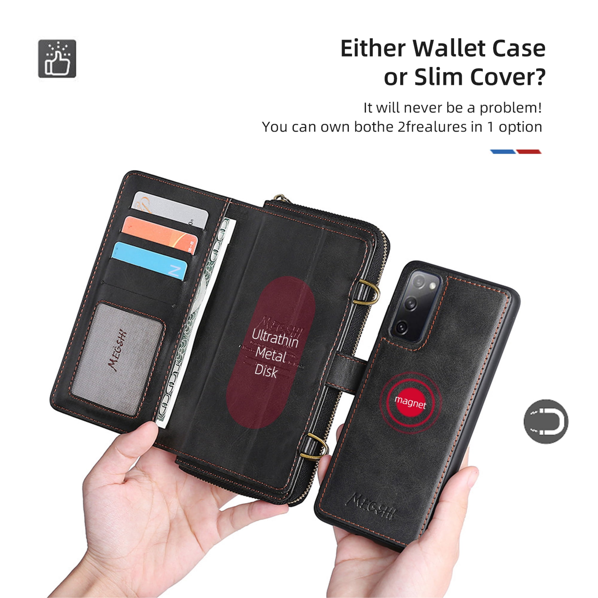 Samsung Galaxy S20 FE 5G Wallet Case, Dteck 2 in 1 Magnetic Detachable Wallet Purse [Crossbody Chain] Durable PU Leather Zipper Handbag Folio Flip Card Slot Protection Back Cover, Black