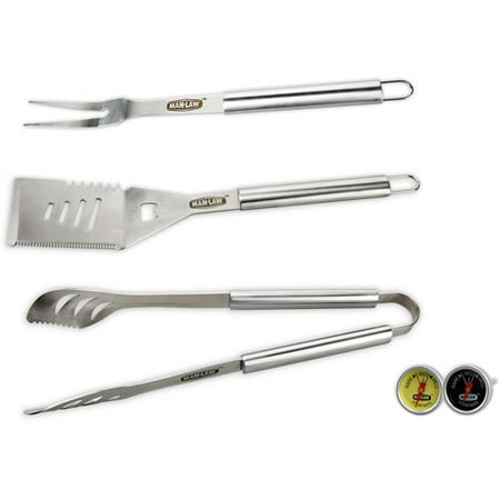 MAN LAW 3-Piece Stainless Steel BBQ Tool Set with Steak Thermometer