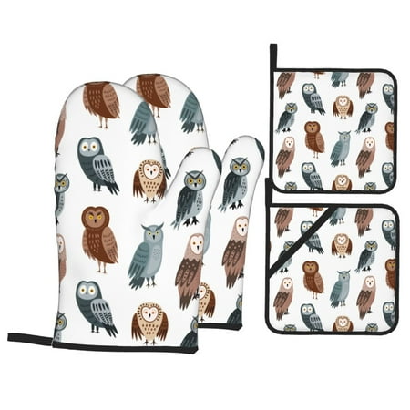 

Oven Mitts and Pot Holders Sets 4 pcs - Ugly Dorky Owl Heat Resistant Silicone Oven Gloves with Non-Slip Silicone Surface and hot pads for kitchen Baking Cooking BBQ