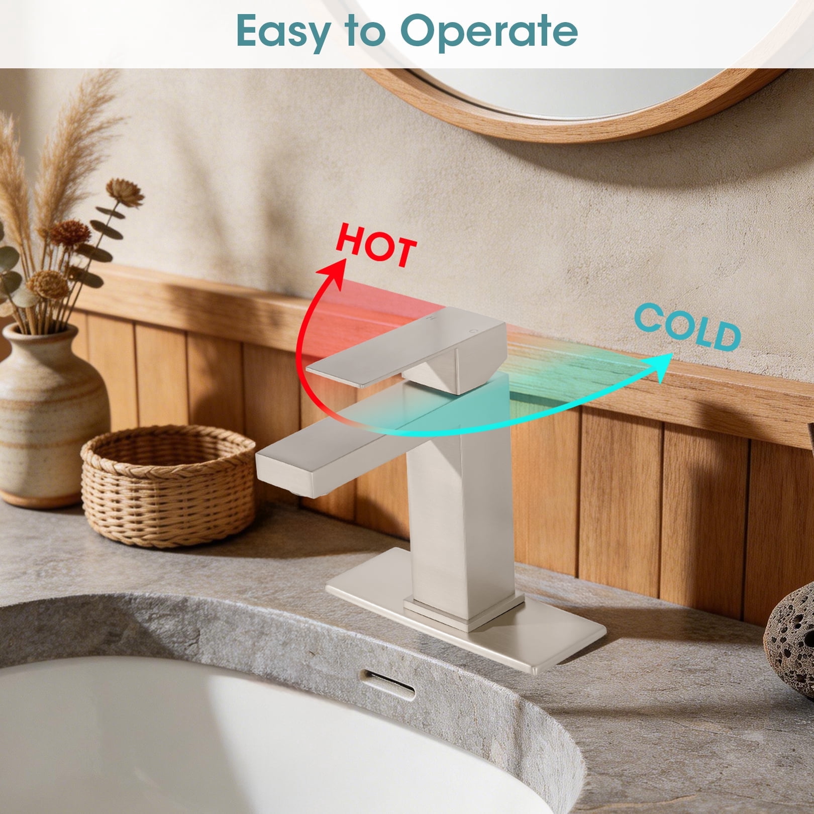 Wowkk Sanitary Ware Single Handle Bathroom Sink Faucet Modern SUS304 Stainless Steel Bathroom Faucet with Pop-up Drain and Water Supply Line, Faucets for Bathroom Vanity RV Sink, Brushed Nickel