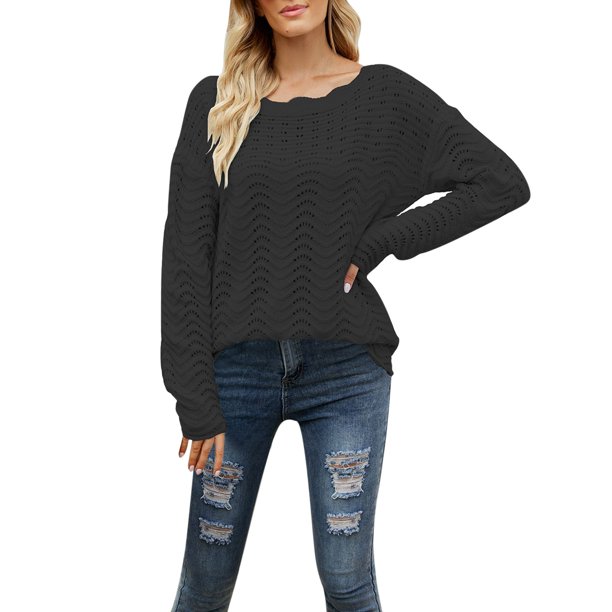 Gibobby Suéteres para mujer, Suéter de punto de manga larga sólido con cuello redondo para mujer(Negro,M)