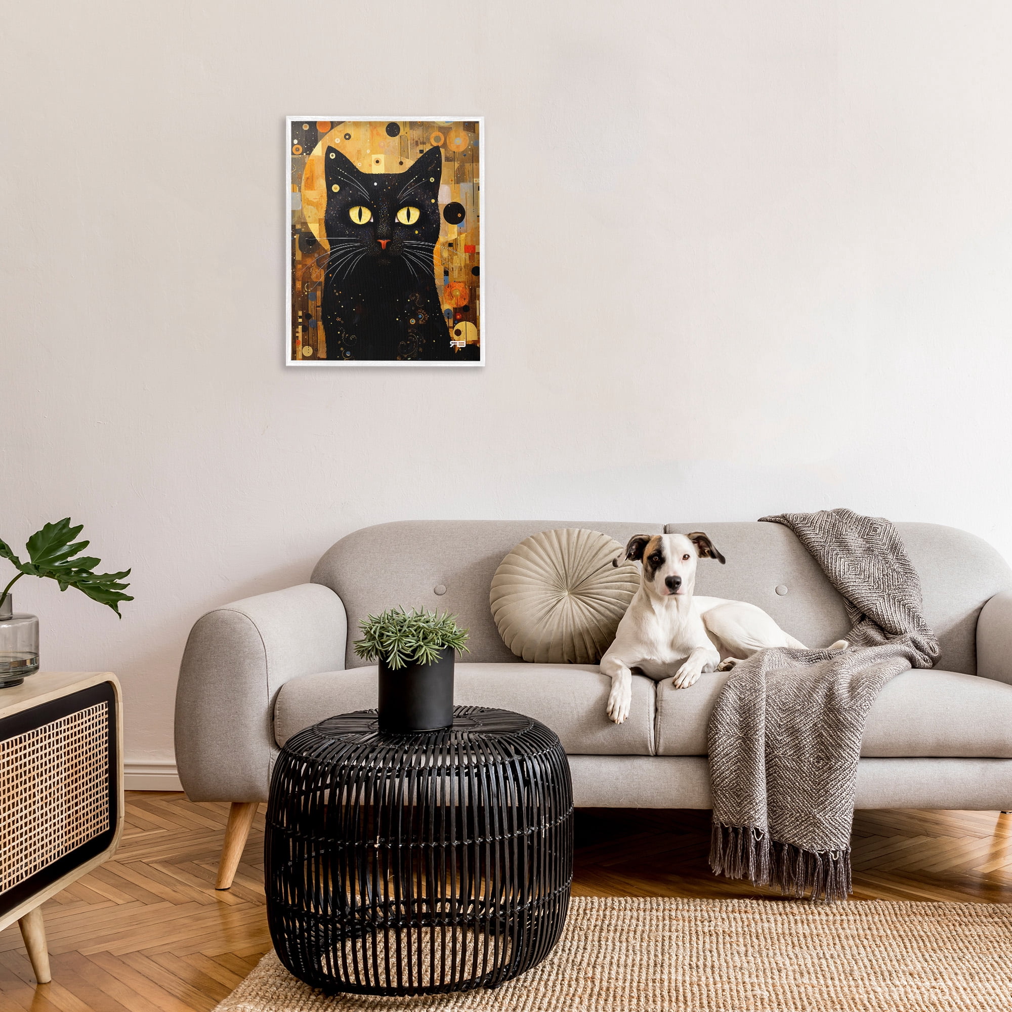 Stupell Industries Black Cat with Modern Pattern Animals & Insects Painting White Framed Art Print Wall Art, 24 x 30
