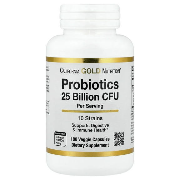 California Gold Nutrition Probiotics with Lactobacillus acidophilus, Bifidobacterium lactis, Lactobacillus plantarum, and Lactobacillus casei, 10 Strain Blend, 25 Billion CFU, 180 Veggie Capsules