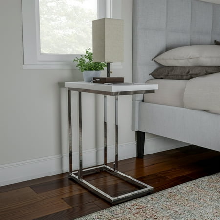 Lavish Home C-Shaped Sofa Side Table - Modern End Table, Laptop Tray, or Compact Bedside Nightstand, White/Silver