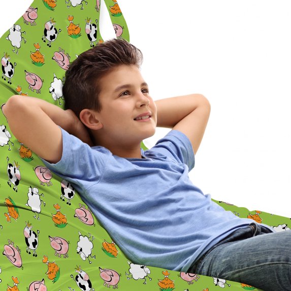 Cattle Lounger Chair Bag, Green Background with Cartoon Cattle Animals as Sheep Pig Chicken Rooster and Cow, High Capacity Storage with Handle Container, Lounger Size, Multicolor, by Ambesonne