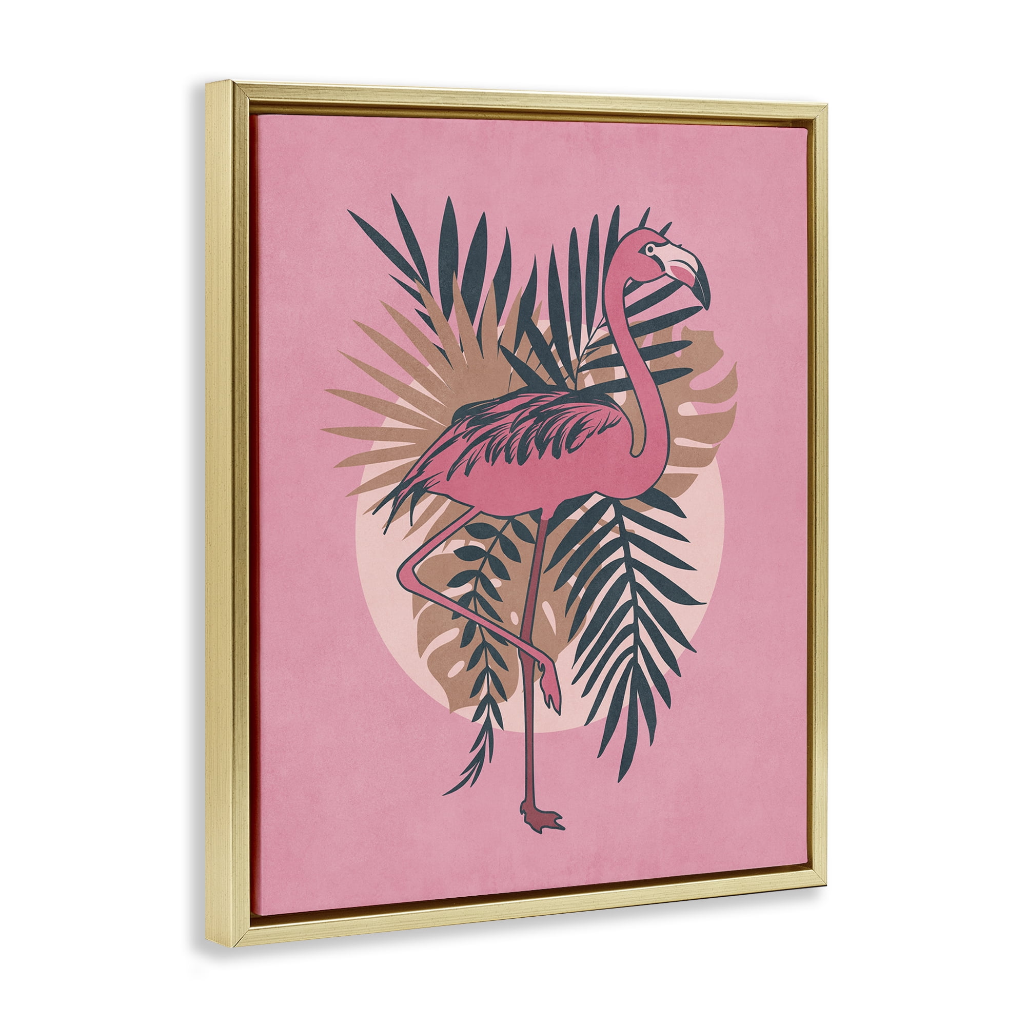 Stupell Industries Pink Retro Flamingo Animals Painting Gold Floater Framed Canvas Art Print Wall Art, 17 x 21