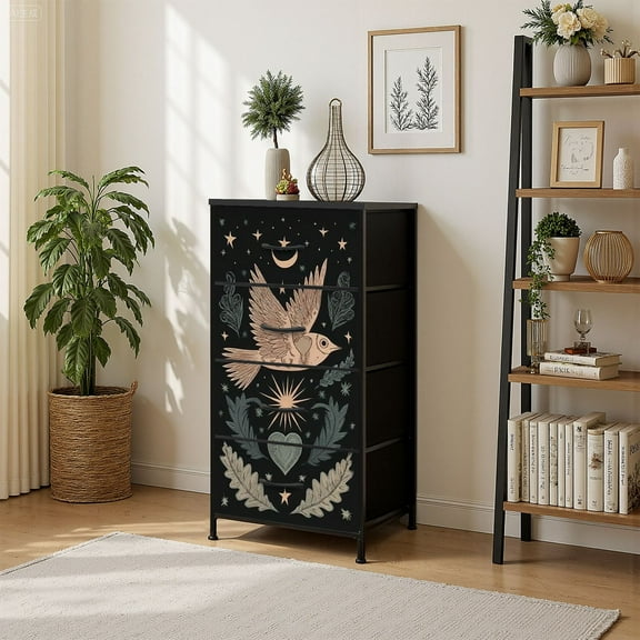 4 Drawer Vertical Storage Dresser Boho naive handdrawn style art bird sacred heart night stars love with Wood Top Fabric Pull Drawers