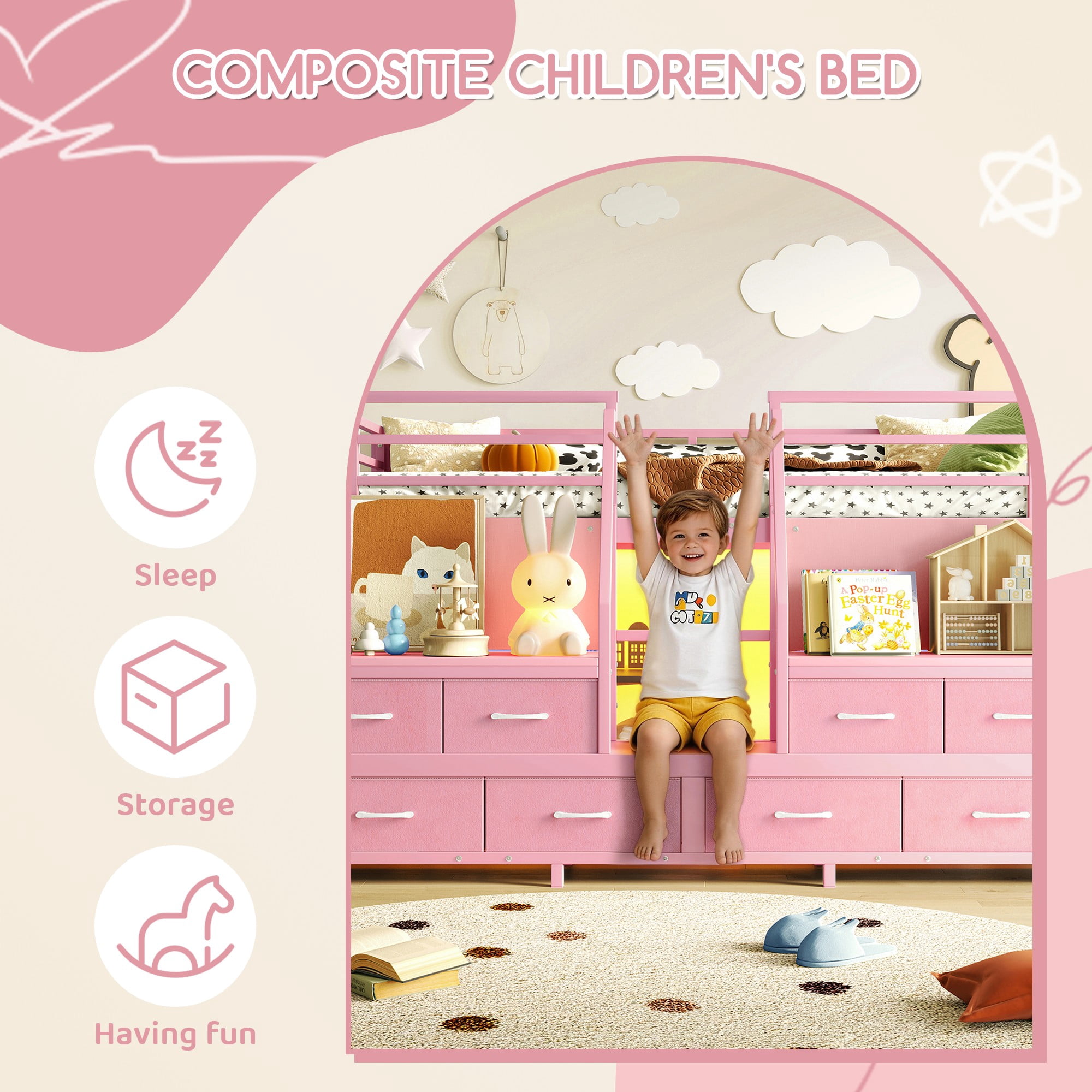 Aukfa Twin Low Loft Bed with 8 Storage Drawers, Shelves & LED Lights, Metal Loft Bed for Kids Bedroom, Pink