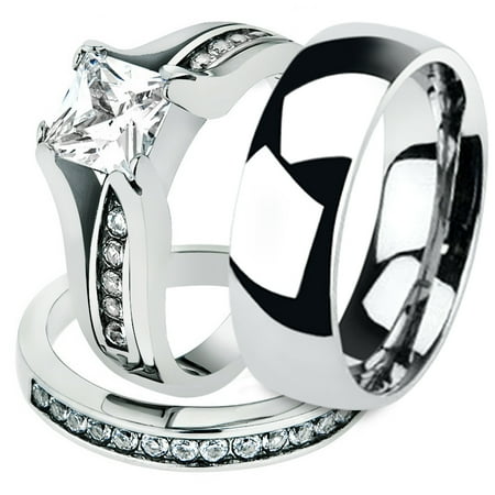 His and Hers Stainless Steel Princess Wedding Ring Set and Classic Wedding Band Women's Size 10 Men's 04mm Size 12