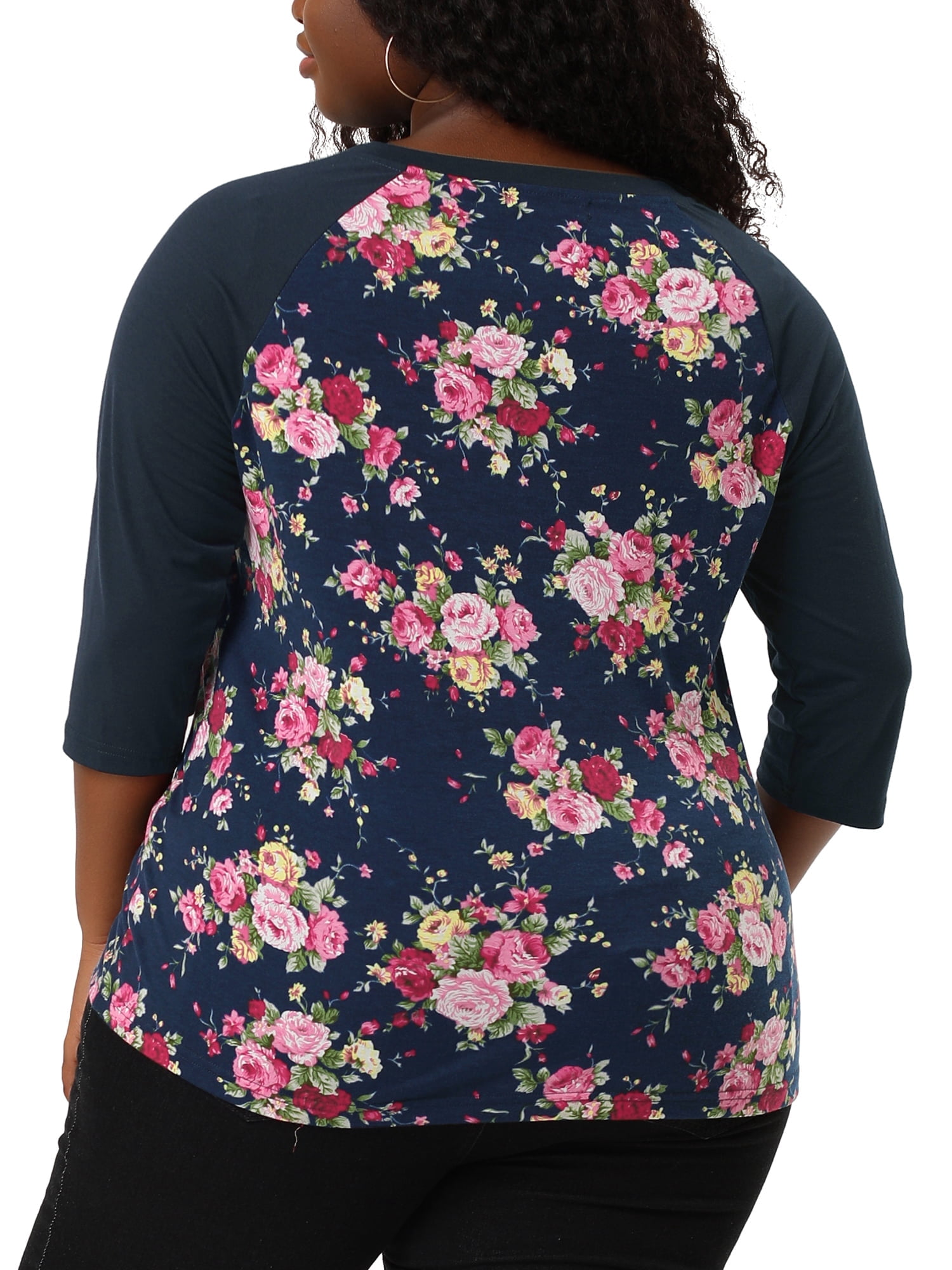 DARING DIVA Women's Plus Size Raglan Crewneck 3/4 Sleeve Floral Tunic Tee 2X Navy Blue