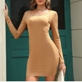 thumbnail image 6 of Elainilye Fashion Womens Dresses Solid Color Bodycon Dress Long Sleeve Wrap Hip Dress Prom Dress,Brown, 6 of 9