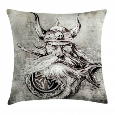Tattoo Decor Throw Pillow Cushion Cover, Artistic Pencil Drawing of a Brave Viking Warrior with his Armour Image, Decorative Square Accent Pillow Case, 20 X 20 Inches, Grey and White, by Ambesonne