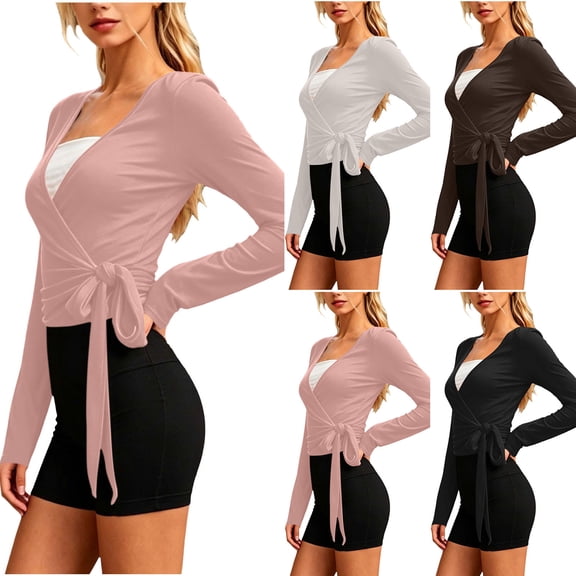 WAGUTH Women's Wrap V-Neck Sun Protection Tops Soft Breathable Tie Waist Yoga Cover Up Long Sleeve Slim Fit Athletic Workout Shirts