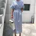 thumbnail image 2 of Henpk Summer Dresses for Women Striped T Shirt Dress Casual Midi Dress Short Sleeve Sundress with Pockets Summer Cotton Blue Striped Bandage Split Long Dress Long Dress Blue XXL, 2 of 9