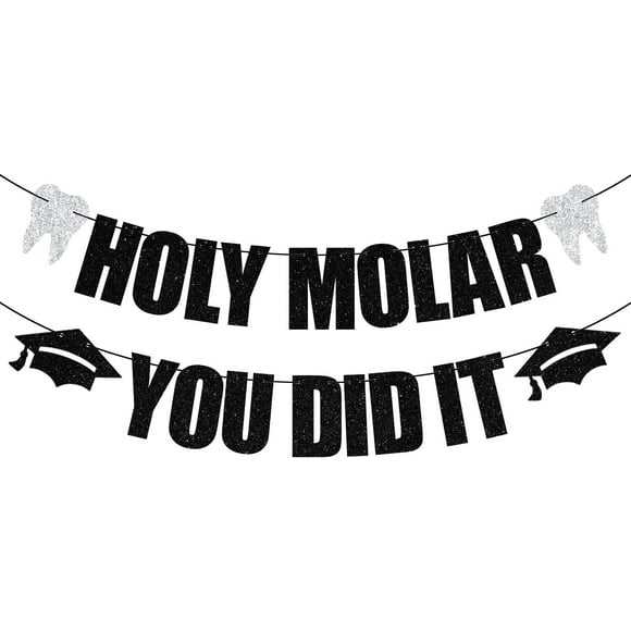 Holy Molar You Did It Banner, Décorations de Diplômé(E) en Dentisterie Promotion 2025, Décoration de Fête de Diplômé(E) en Dentisterie Heureux(Se), Félicitations Futur(E) Dentiste Banner Paillettes Noires