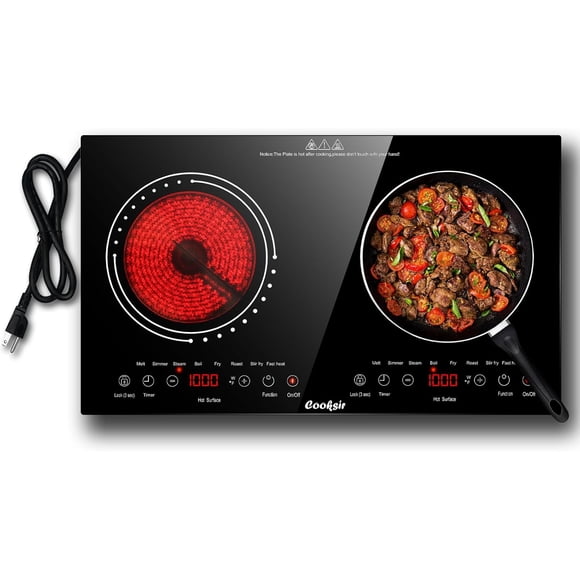 Cooksir 2 Burner Electric Cooktop - 24 Inch Electric Stove Top Built-in & Countertop, 110V-120V Double Burner Ceramic Cooktop Portable with Child Safety Lock, Timer, Sensor Touch Control, 110V Plug in