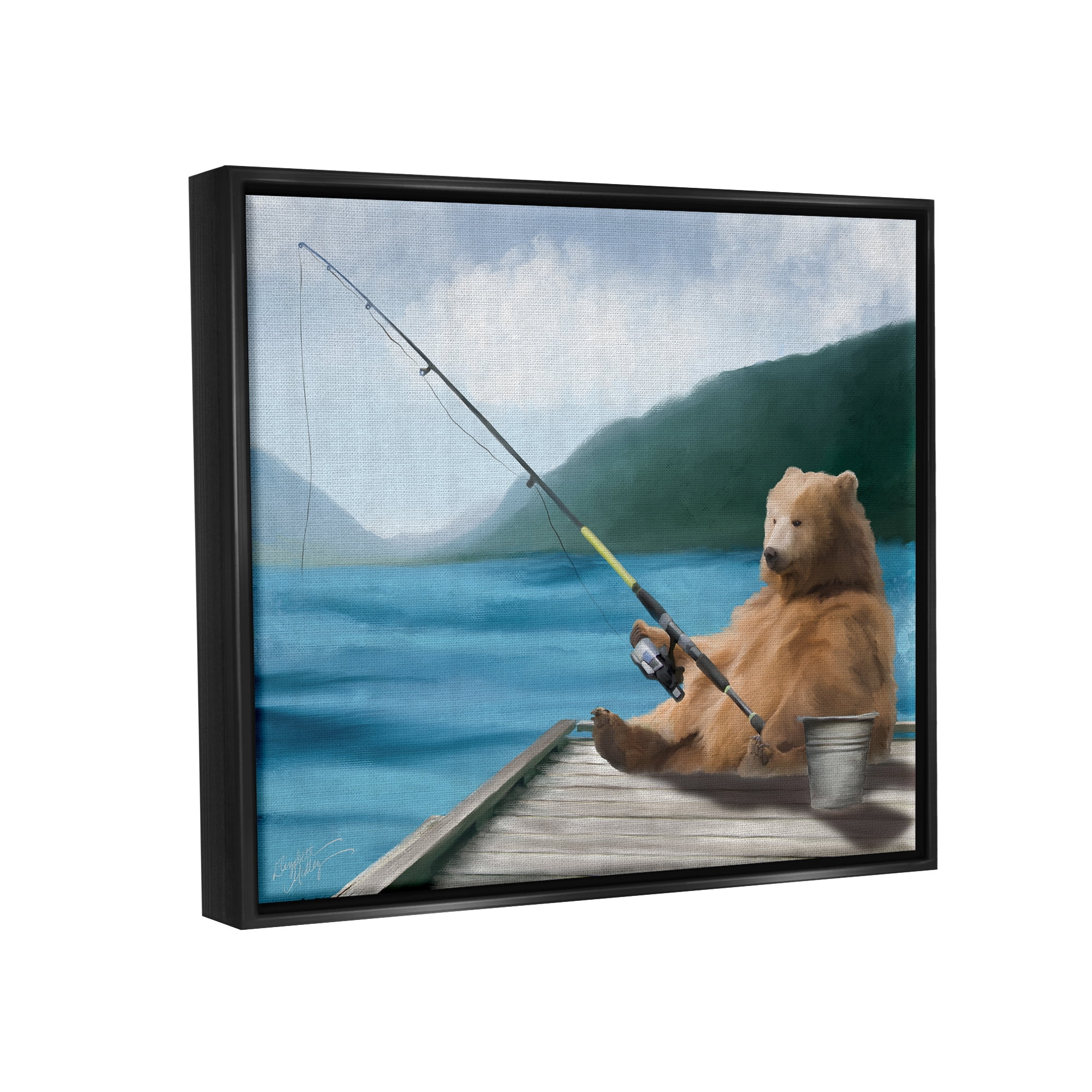 Stupell Bear Fishing Pole Lake Dock Animals & Insects Painting Black Floater Framed Art Print Wall Art